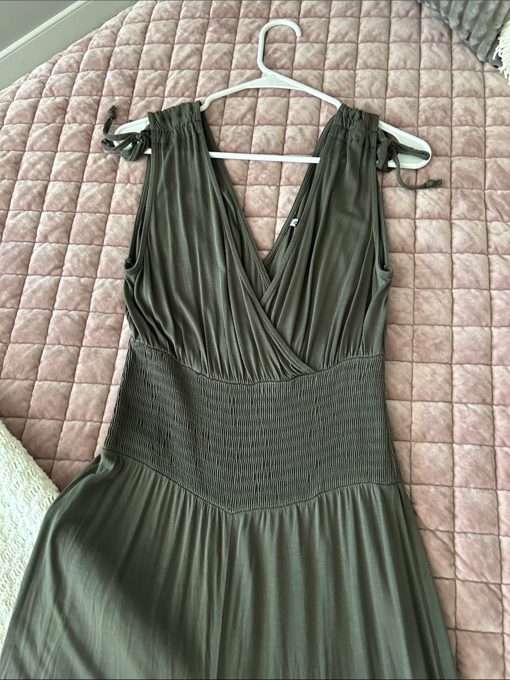 Olive Green Sleeveless V-Neck Jumpsuit with Smocked Waist